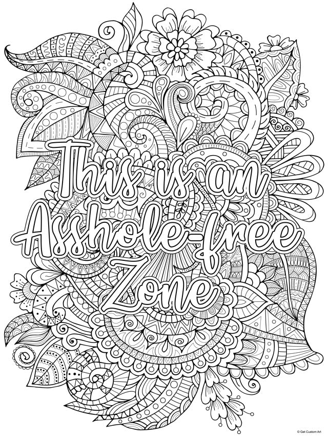 Large Funny Quote "This is an Asshole-Free Zone" Cuss Words Coloring Poster- Adult Coloring, Stress Relief, and DIY Home Decor
