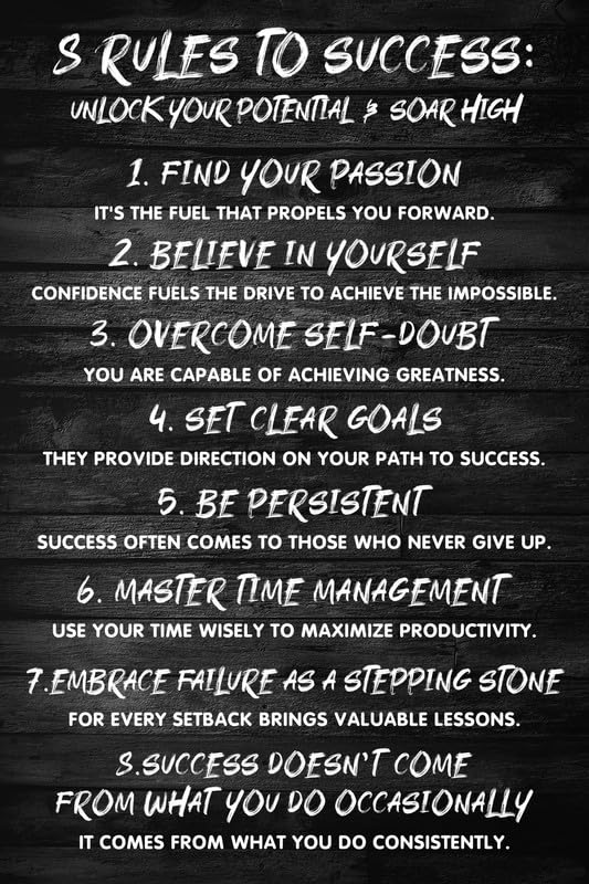 "8 Rules to Success" Inspirational Motivational Positive Quotes Wall Art Decor - Motivational Poster - Encouragement Gift - Bedroom Living Room Home Office School