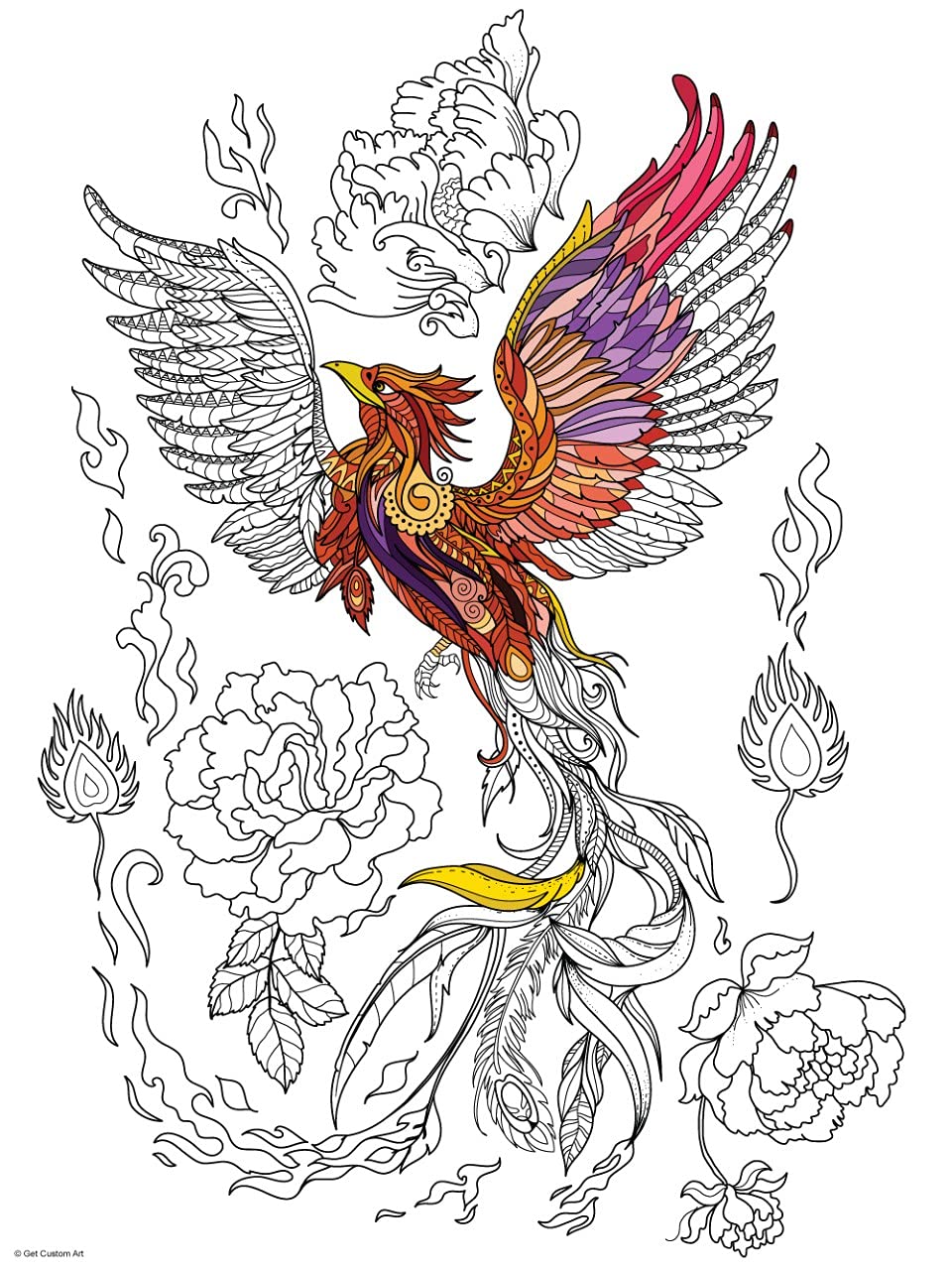 Fiery Phoenix Coloring Poster – Phoenix Art for Kids and Adults | DIY Stress Relief Coloring Poster