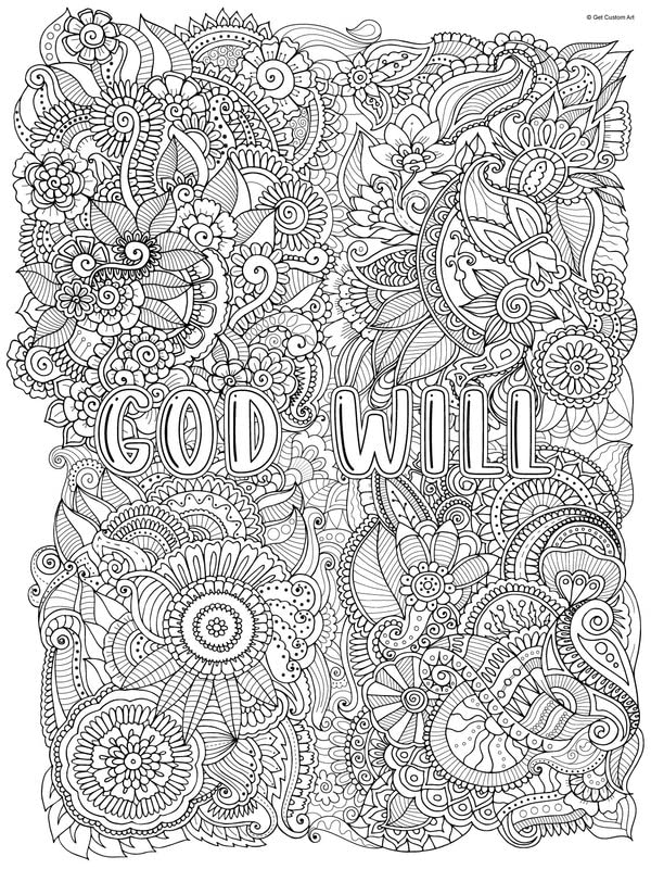 Large Inspirational Motivational Quote "God Will" Coloring Poster – Detailed Background for Adult Coloring, Stress Relief, and DIY Home Decor