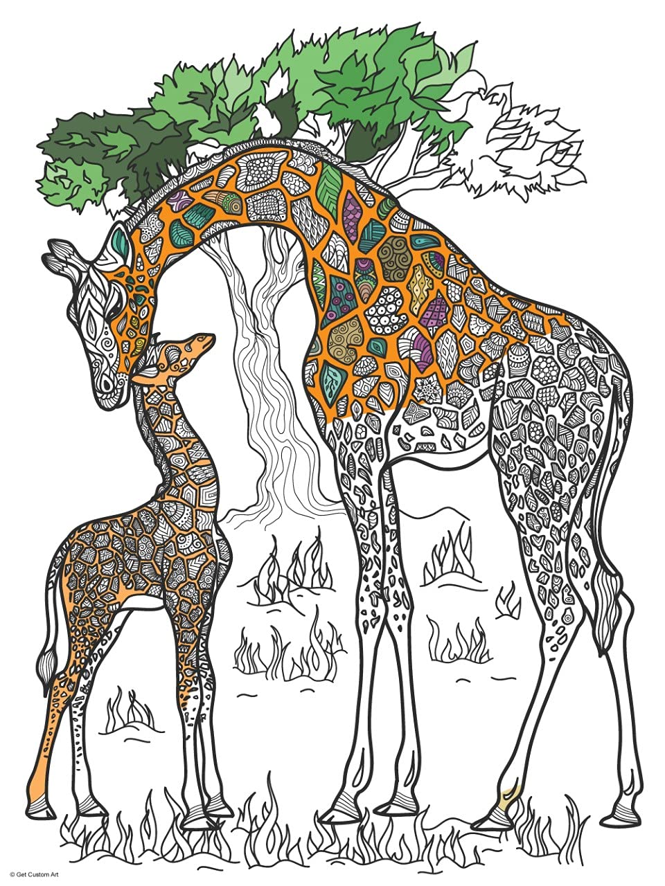 Adorable Giraffe and Calf Coloring Poster – Animal Art for Kids and Adults | DIY Stress Relief Coloring Poster