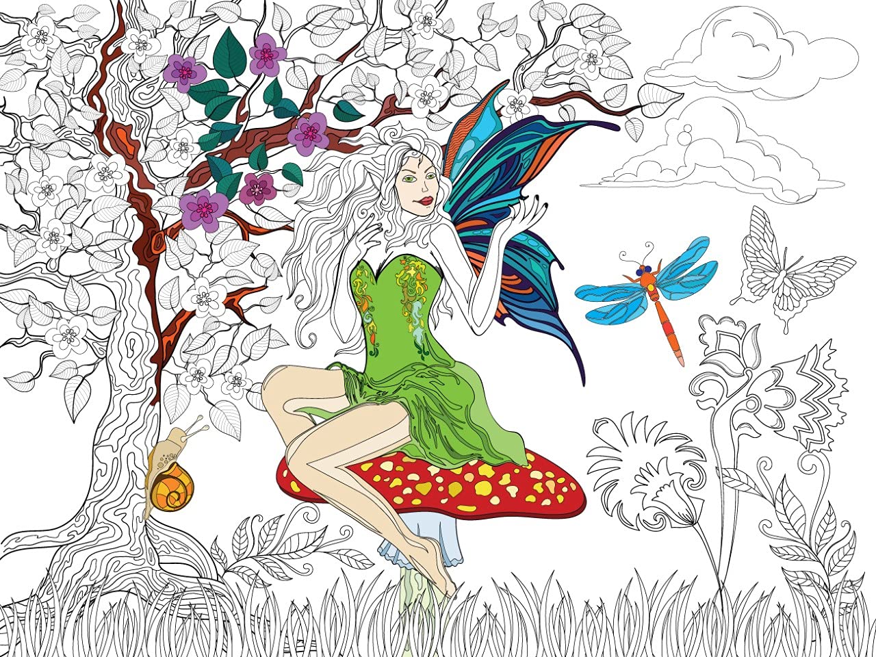 Fantasy Fairies Coloring Poster – Fairy Art for Kids and Adults | DIY Stress Relief Coloring Poster