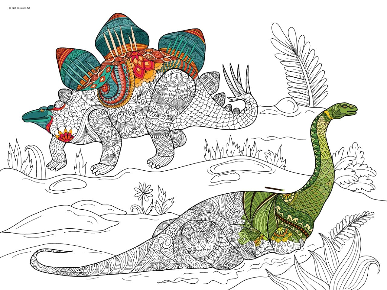 Dinosaurs Coloring Poster – Dinosaur Art for Kids and Adults | DIY Stress Relief Coloring Poster