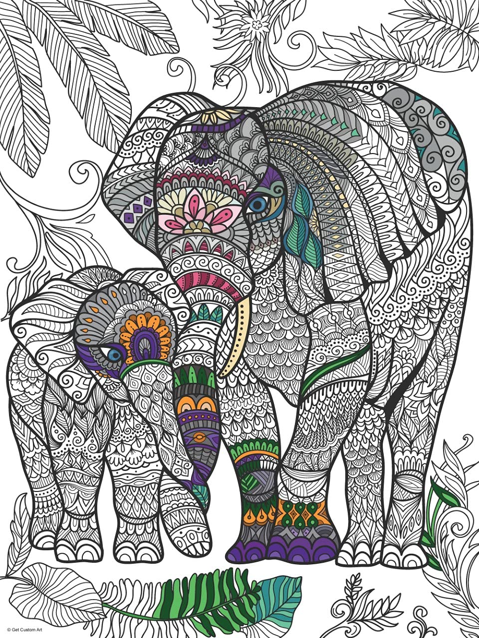 Sweet Large Elephant and Calf Coloring Poster – Animal Art for Kids and Adults | DIY Stress Relief Coloring Poster