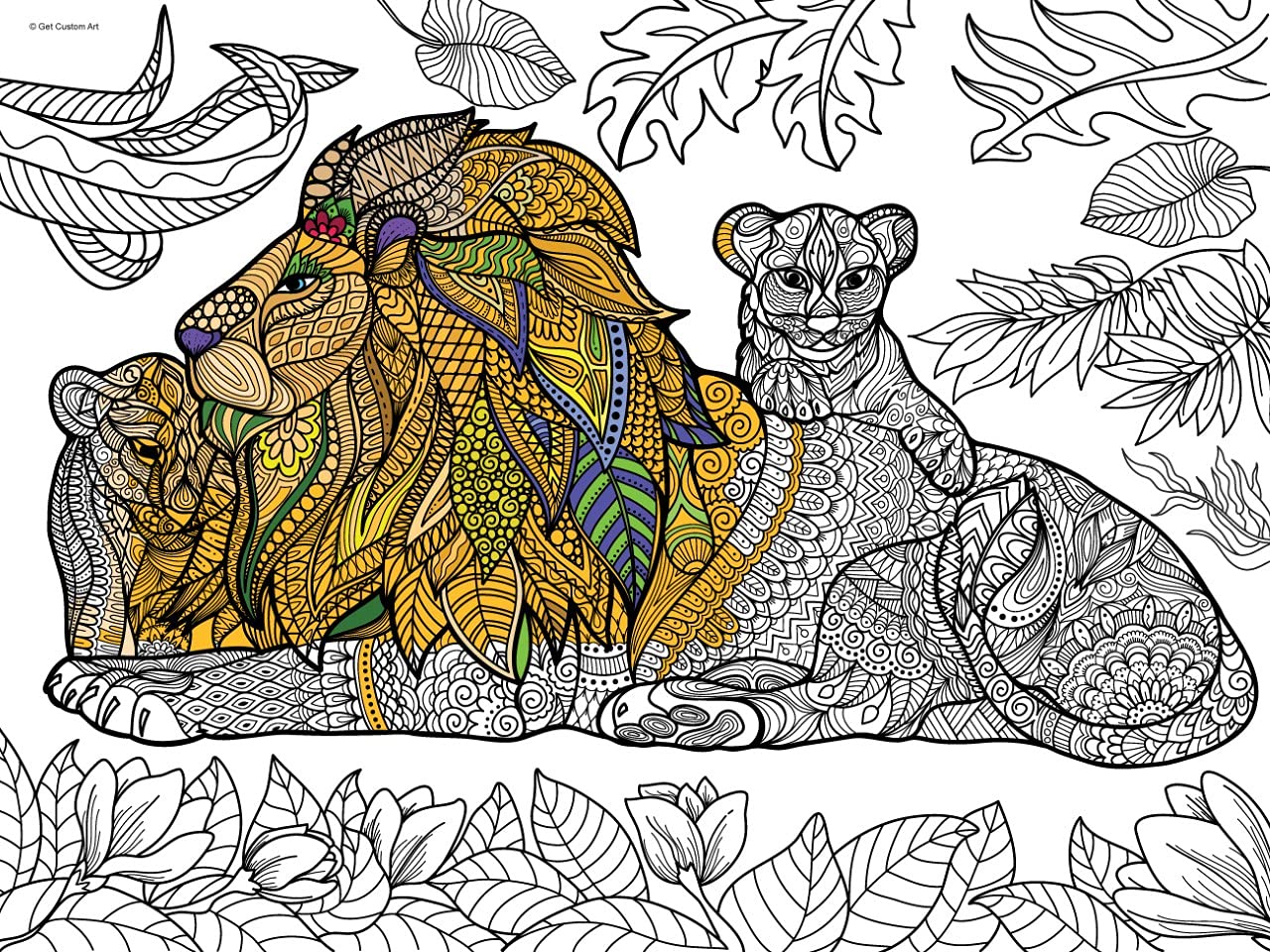 Lion and Cubs Coloring Poster – Animal Art for Kids and Adults | DIY Stress Relief Coloring Poster