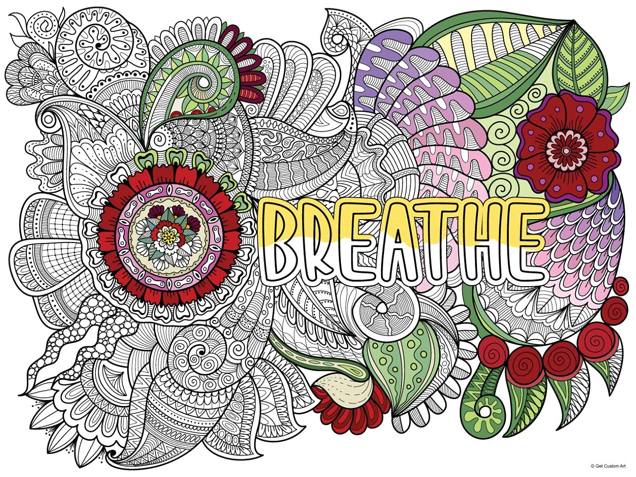 Large Inspirational Motivational Quote "Breathe" Coloring Poster – Detailed Background for Adult Coloring, Stress Relief, and Home Decor | DIY Motivational Wall Art