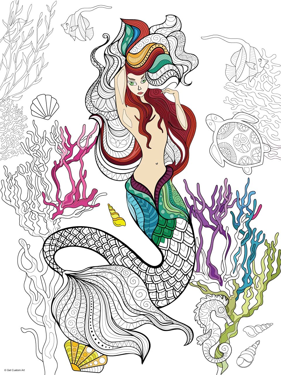 Fantasy Mermaid Coloring Poster – Mermaid Art for Kids and Adults | DIY Stress Relief Coloring Poster