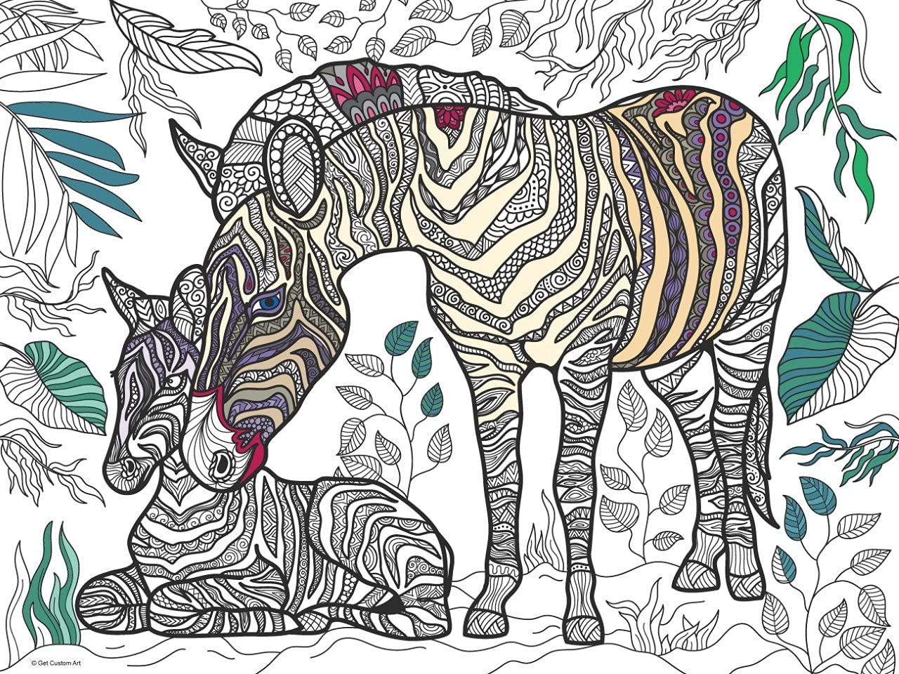 Large Zebra and Calf Coloring Poster – Animal Art for Kids and Adults | DIY Stress Relief Coloring Poster