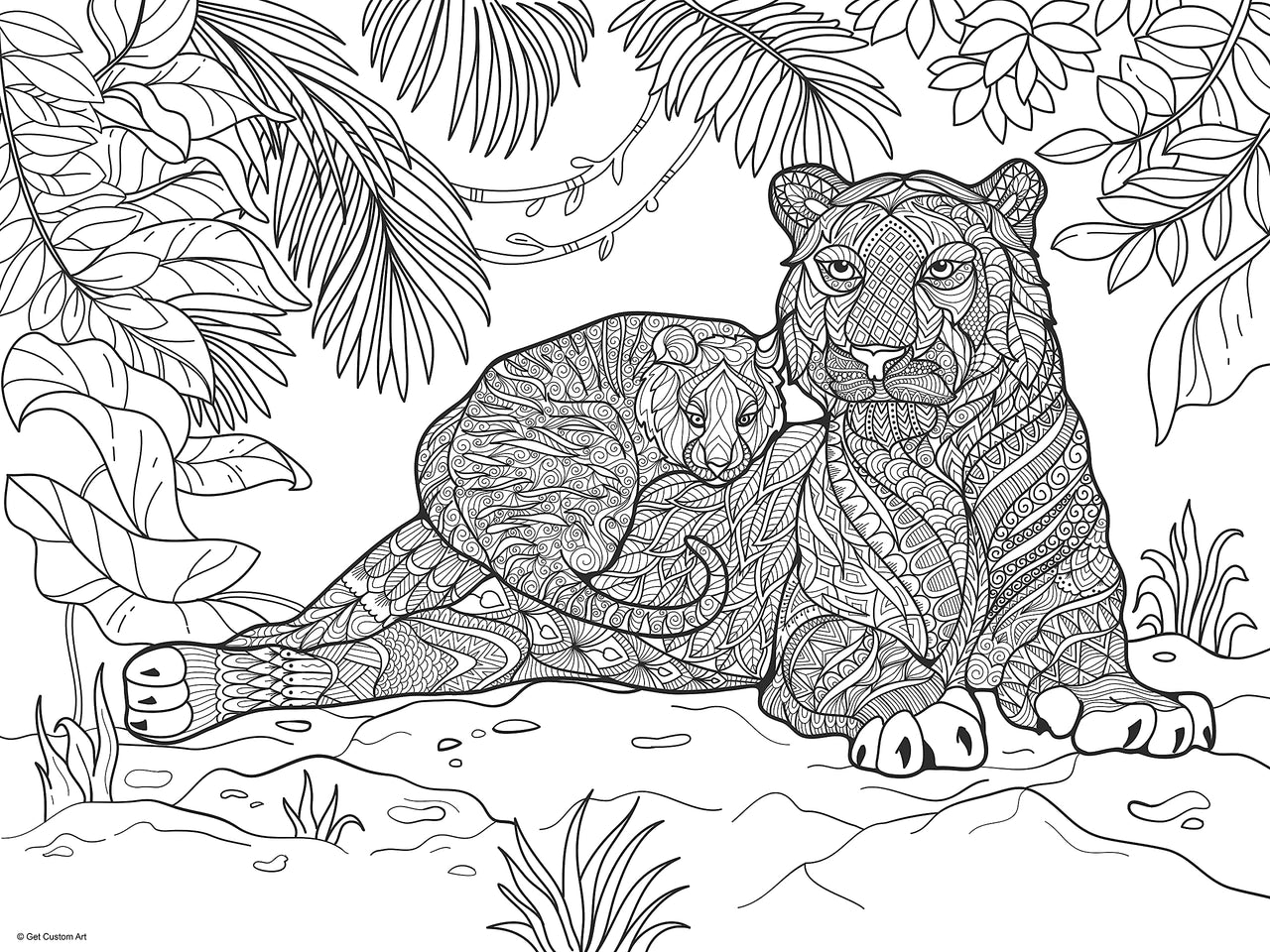 Tiger and Cub Coloring Poster – Animal Art for Kids and Adults | DIY Stress Relief Coloring Poster