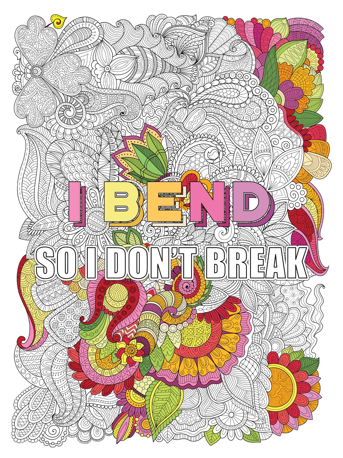 Large Yoga Quote "I Bend So I Don't Break" Coloring Poster – Detailed Background for Adult Coloring, Stress Relief, and DIY Home Decor