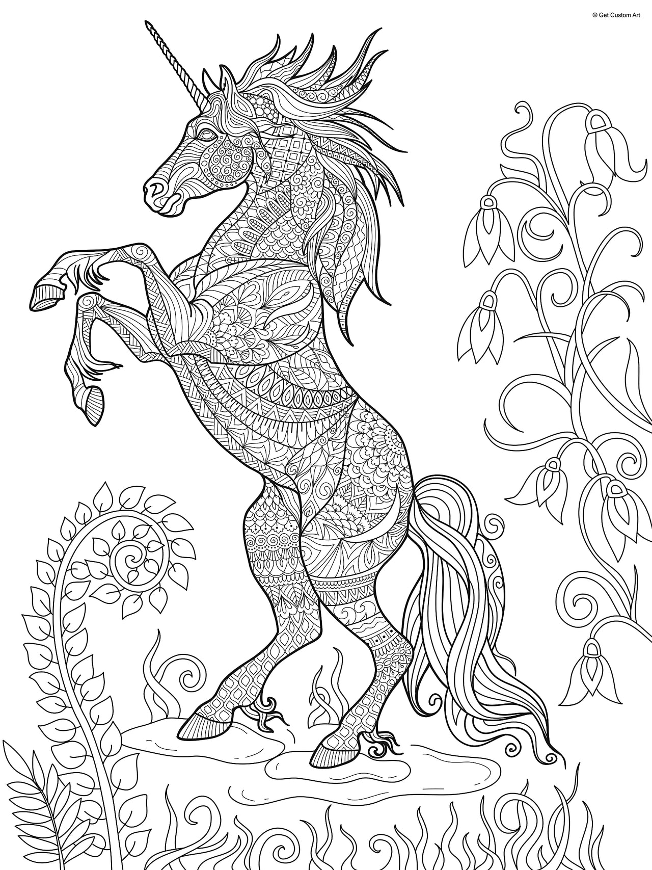 Fantasy Unicorn Coloring Poster – Animal Art for Kids and Adults | DIY Stress Relief Coloring Poster