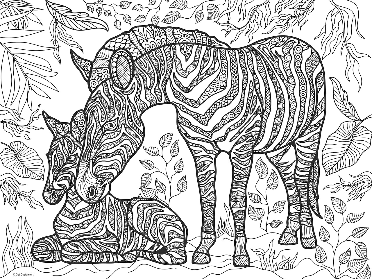 Large Zebra and Calf Coloring Poster – Animal Art for Kids and Adults | DIY Stress Relief Coloring Poster