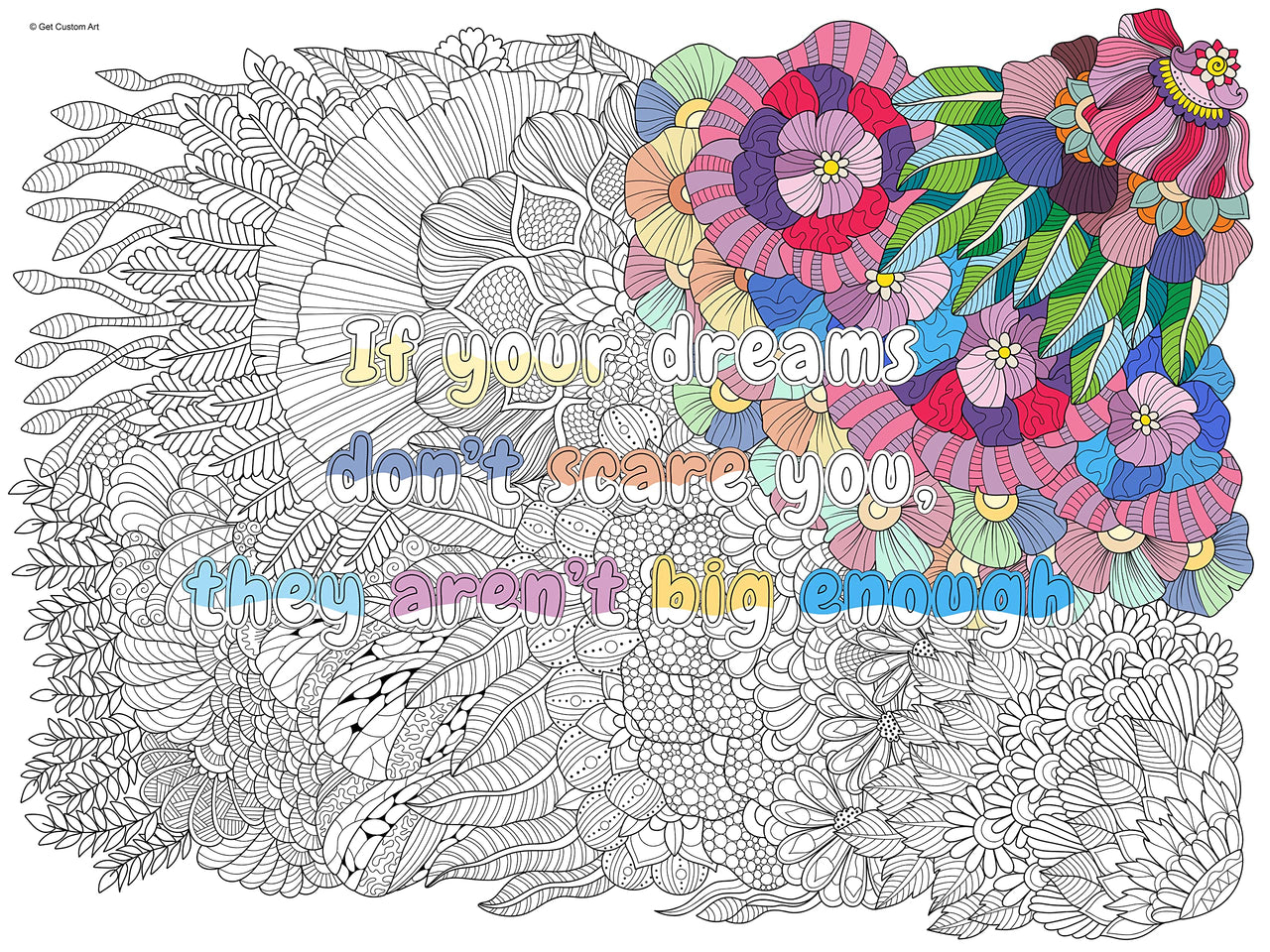 Large Motivational Quote "If Your Dreams Don't Scare You, They Aren't Big Enough" Coloring Poster – Detailed Background for Adult Coloring, Stress Relief, and DIY Home Decor