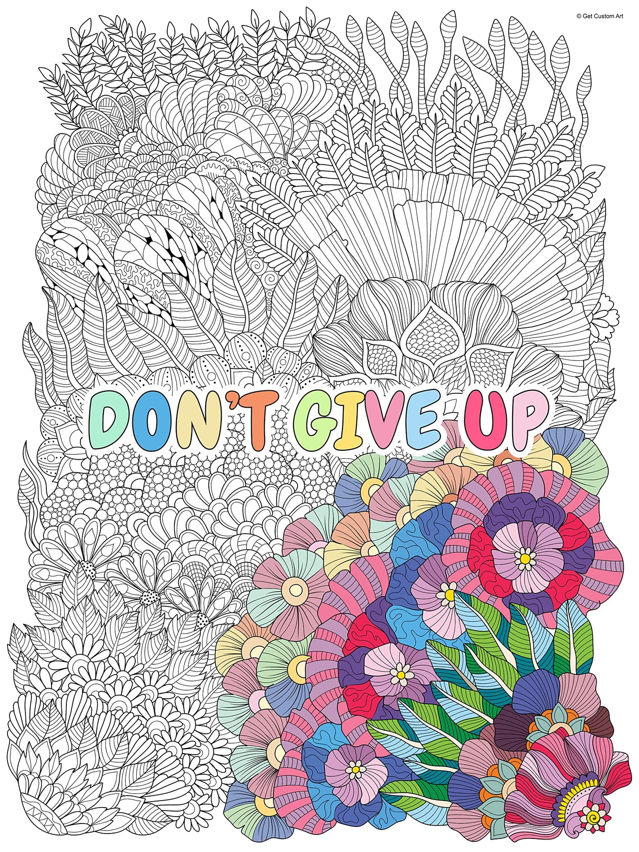 Large Inspirational Motivational Quote "Don't Give Up" Coloring Poster – Detailed Background for Adult Coloring, Stress Relief, and DIY Home Decor