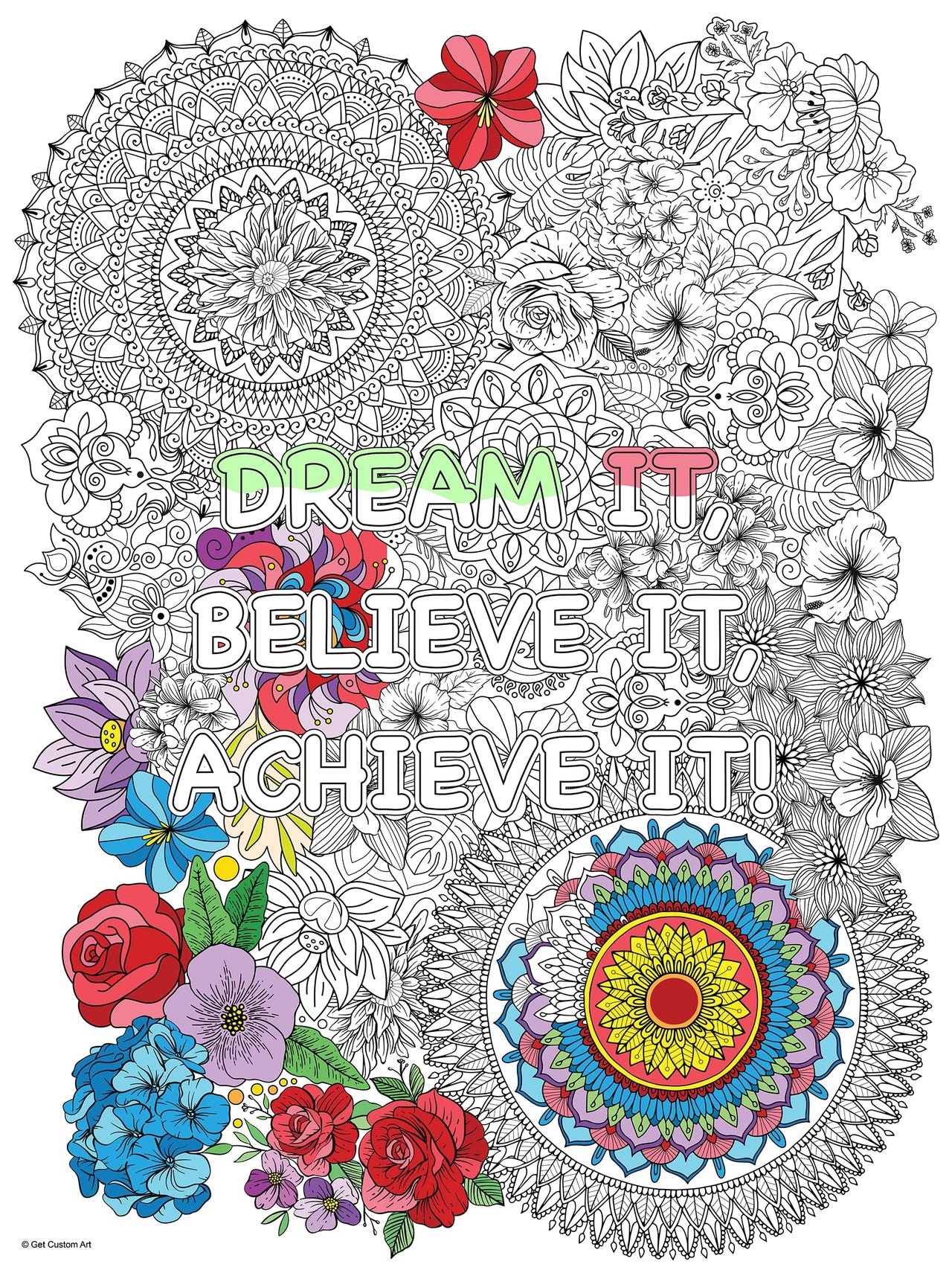 Large Inspirational Motivational Quote "Dream It, Believe It, Achieve It" Coloring Poster – Detailed Background for Adult Coloring, Stress Relief, and DIY Home Decor