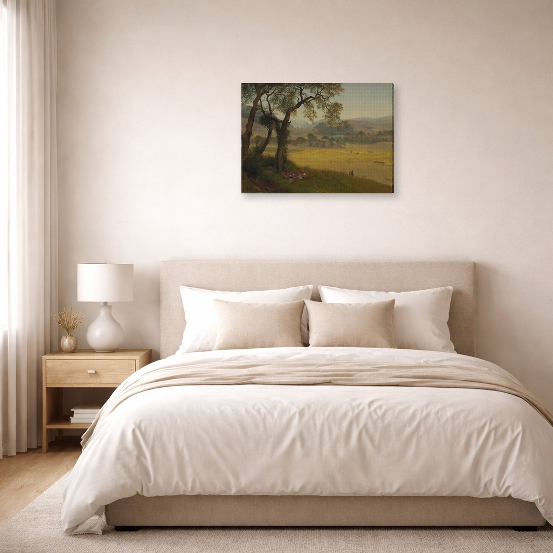 Gallery-wrapped canvas print of Albert Bierstadt's 'A Golden Summer Day near Oakland' displayed on a wall in a bedroom
