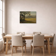 Gallery-wrapped canvas print of Albert Bierstadt's 'A Golden Summer Day near Oakland' displayed on a wall in a dining room