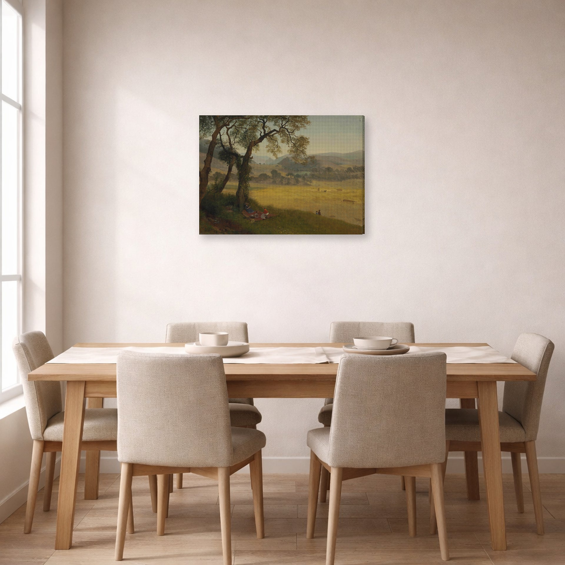 Gallery-wrapped canvas print of Albert Bierstadt's 'A Golden Summer Day near Oakland' displayed on a wall in a dining room