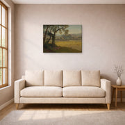Gallery-wrapped canvas print of Albert Bierstadt's 'A Golden Summer Day near Oakland' displayed on a wall in a living room