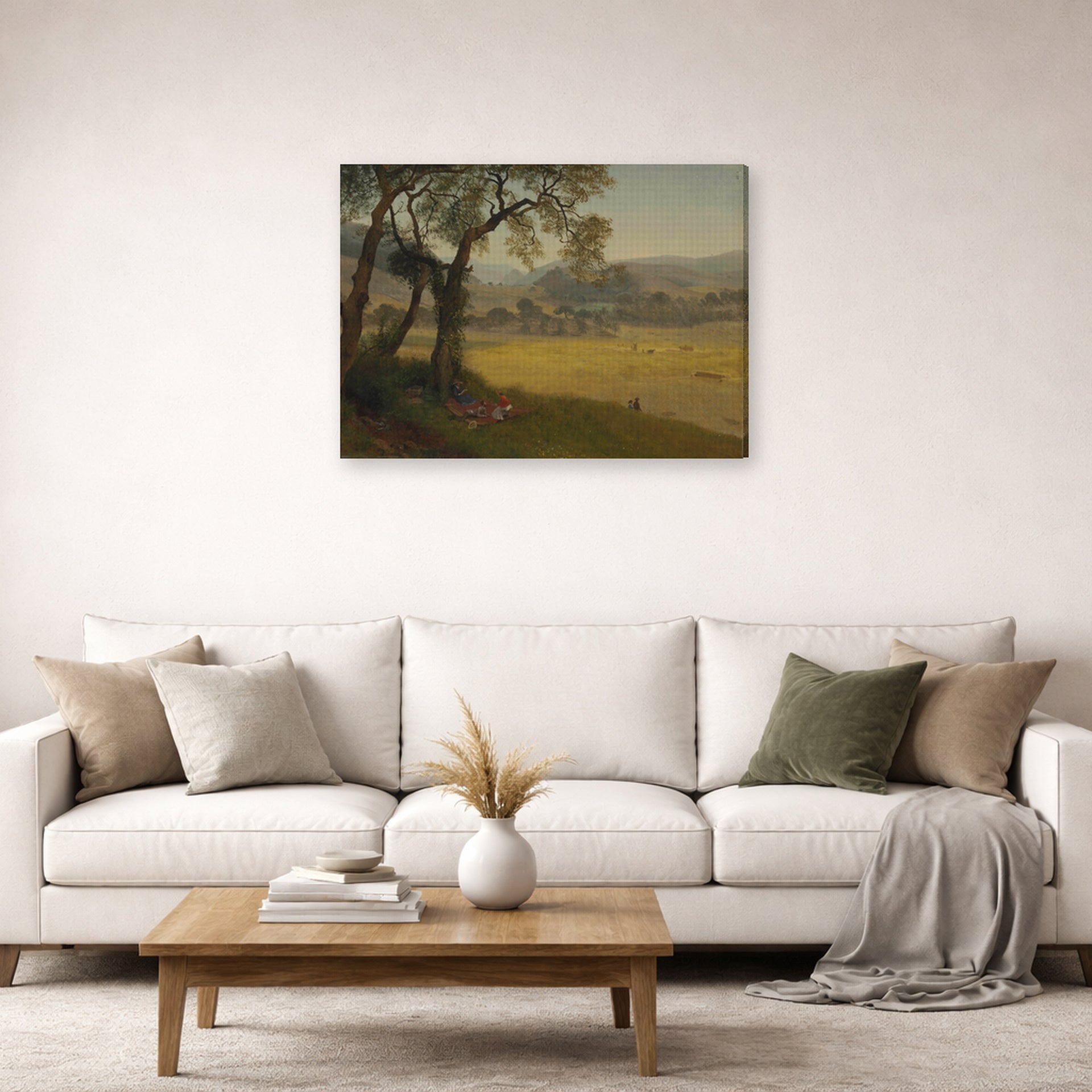 Gallery-wrapped canvas print of Albert Bierstadt's 'A Golden Summer Day near Oakland' displayed on a wall in a living room
