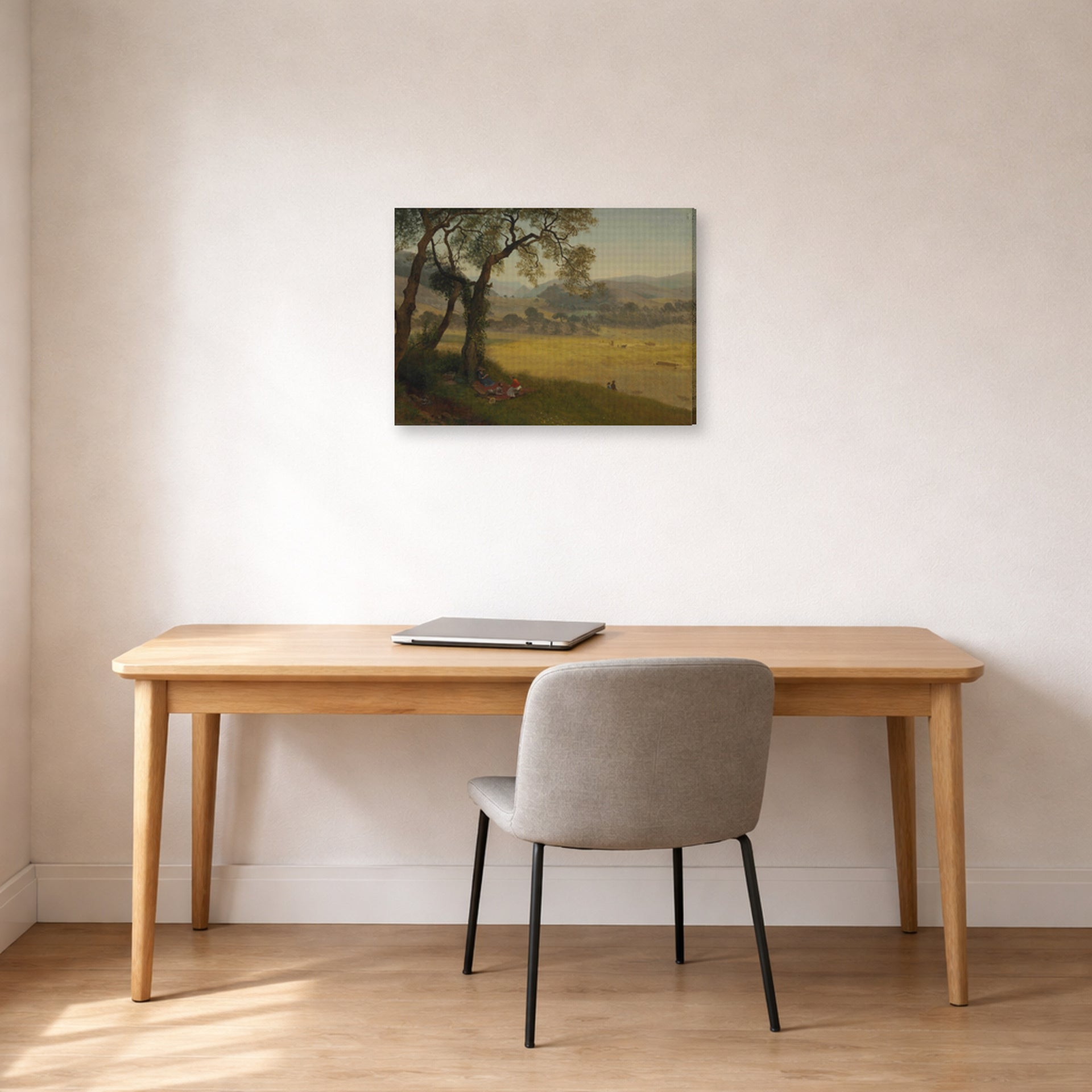 Gallery-wrapped canvas print of Albert Bierstadt's 'A Golden Summer Day near Oakland' displayed on a wall in a office