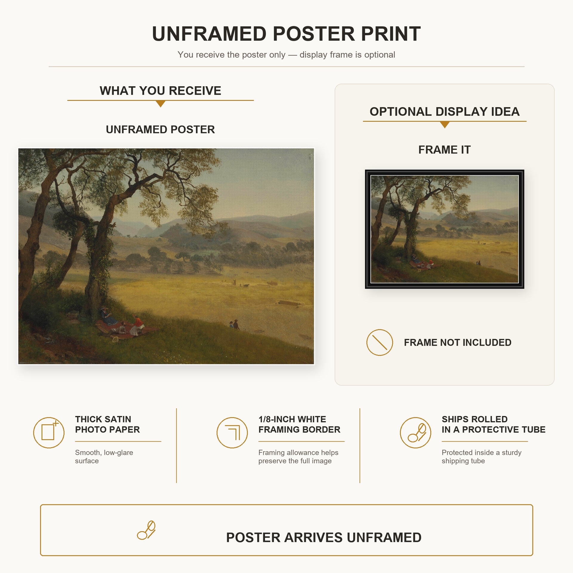 Albert Bierstadt - A Golden Summer Day near Oakland poster print size comparison and framing display infographic