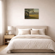 Unframed poster print of Albert Bierstadt's 'A Golden Summer Day near Oakland' displayed on a wall in a bedroom
