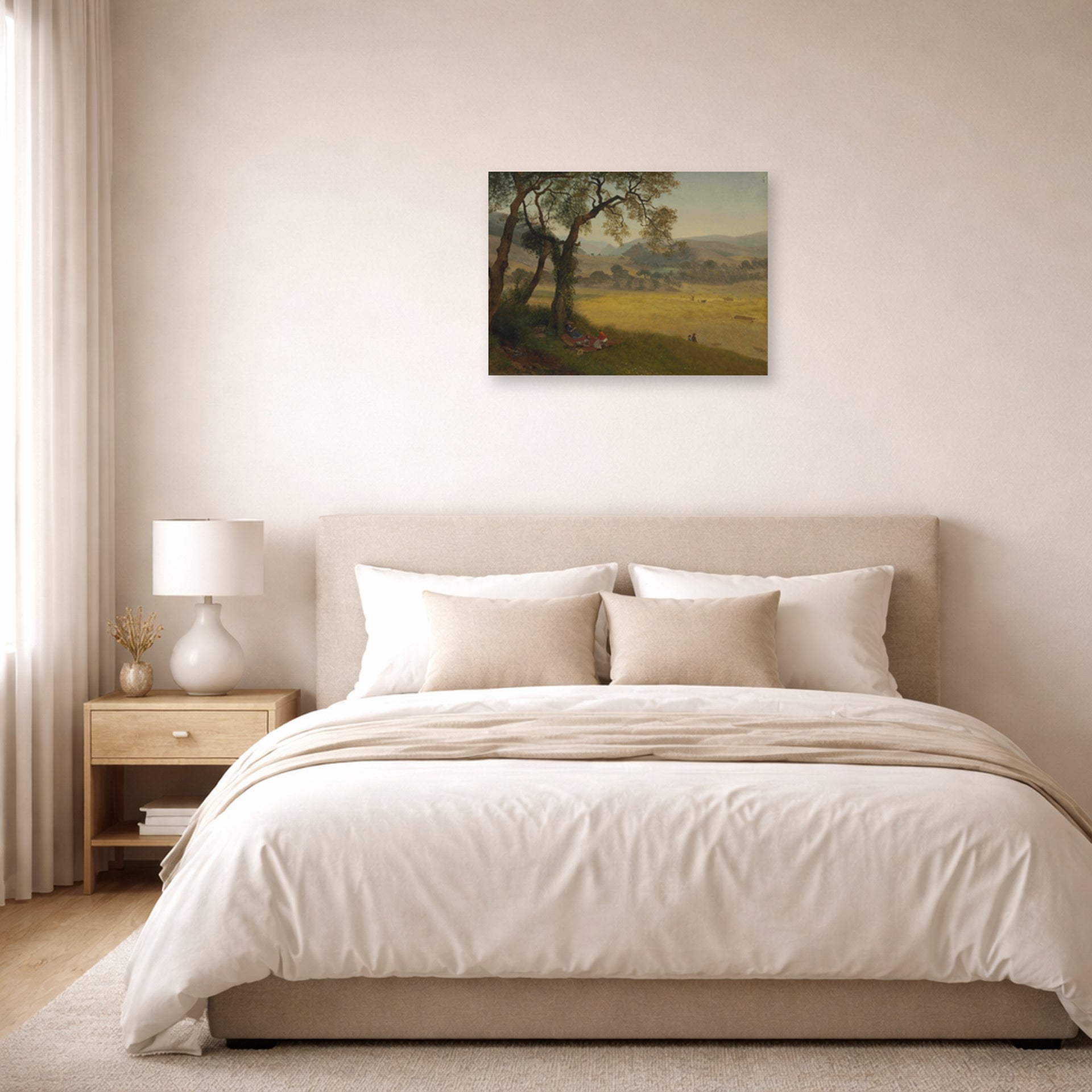 Unframed poster print of Albert Bierstadt's 'A Golden Summer Day near Oakland' displayed on a wall in a bedroom