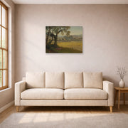 Unframed poster print of Albert Bierstadt's 'A Golden Summer Day near Oakland' displayed on a wall in a living room