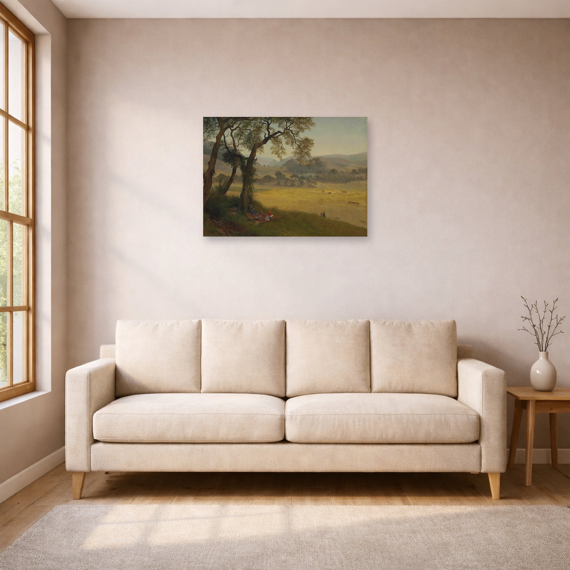 Unframed poster print of Albert Bierstadt's 'A Golden Summer Day near Oakland' displayed on a wall in a living room