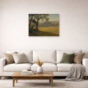 Unframed poster print of Albert Bierstadt's 'A Golden Summer Day near Oakland' displayed on a wall in a living room