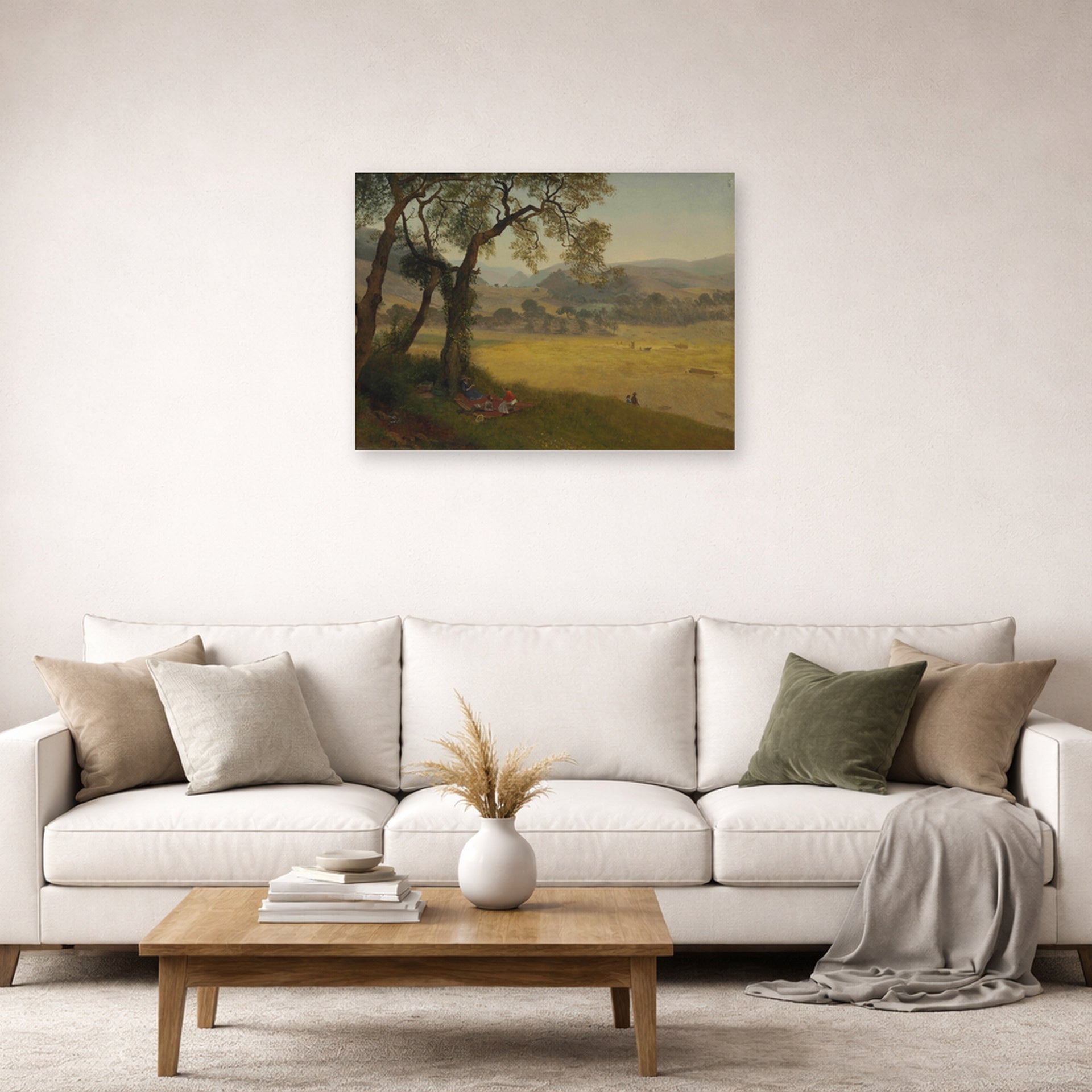 Unframed poster print of Albert Bierstadt's 'A Golden Summer Day near Oakland' displayed on a wall in a living room