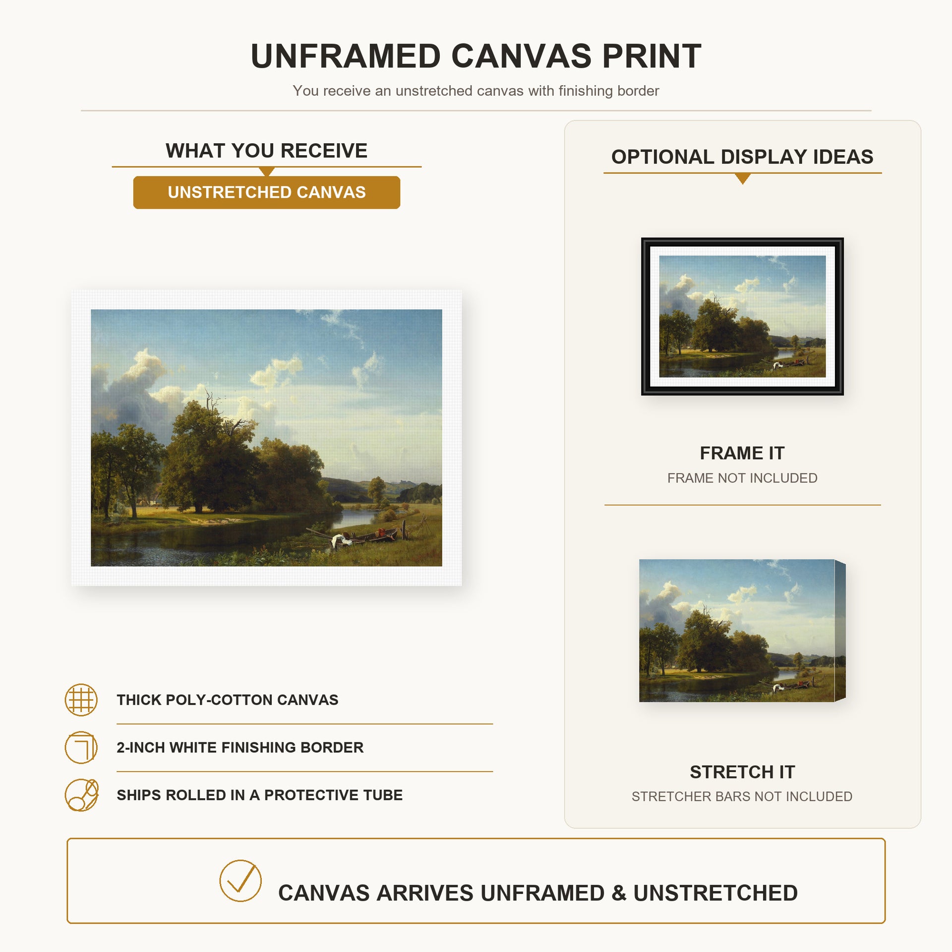 Albert Bierstadt - A River Landscape, Westphalia canvas print size comparison and framing display infographic