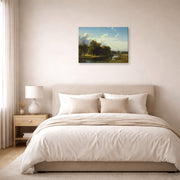 Gallery-wrapped canvas print of Albert Bierstadt's 'A River Landscape, Westphalia' displayed on a wall in a bedroom