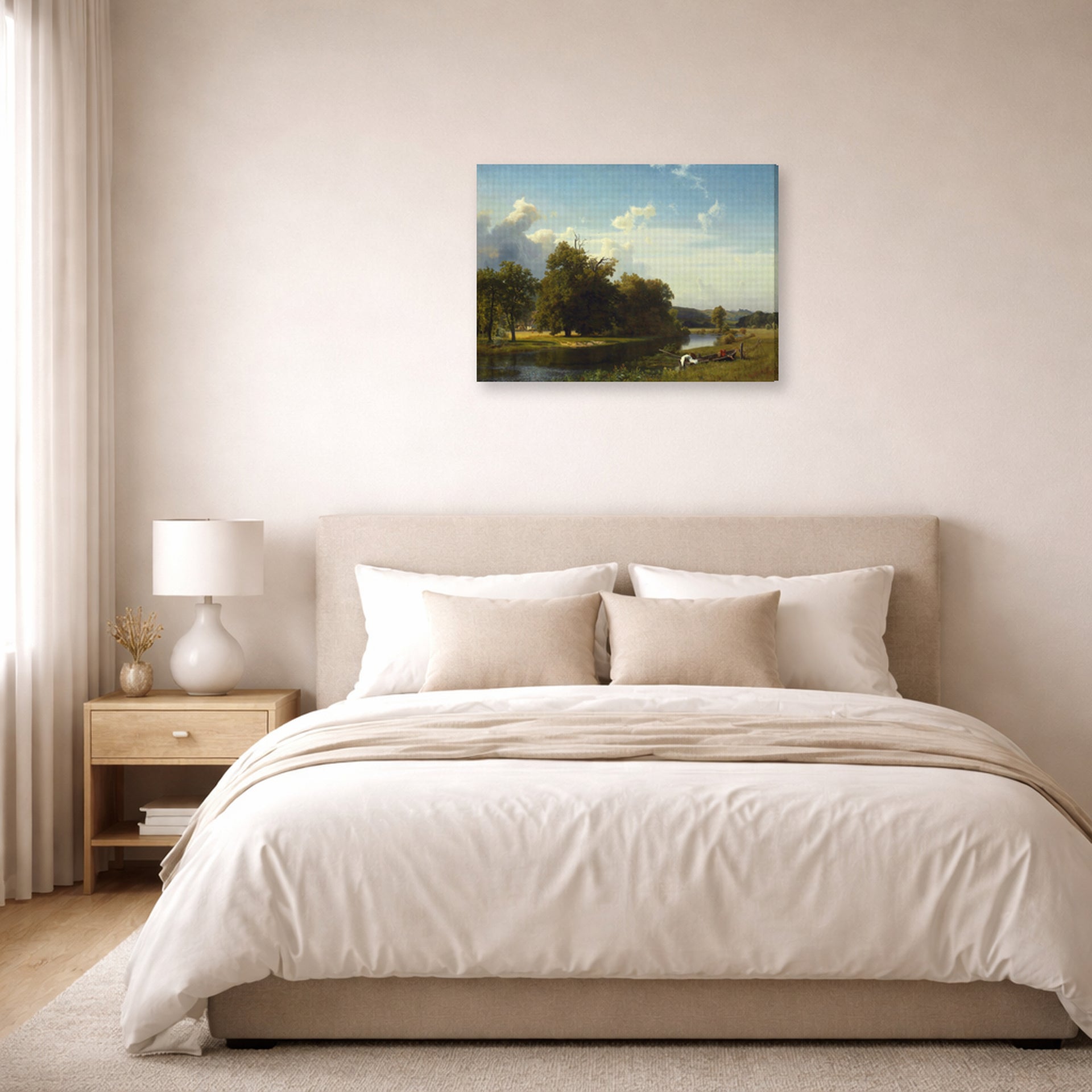 Gallery-wrapped canvas print of Albert Bierstadt's 'A River Landscape, Westphalia' displayed on a wall in a bedroom