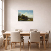 Gallery-wrapped canvas print of Albert Bierstadt's 'A River Landscape, Westphalia' displayed on a wall in a dining room