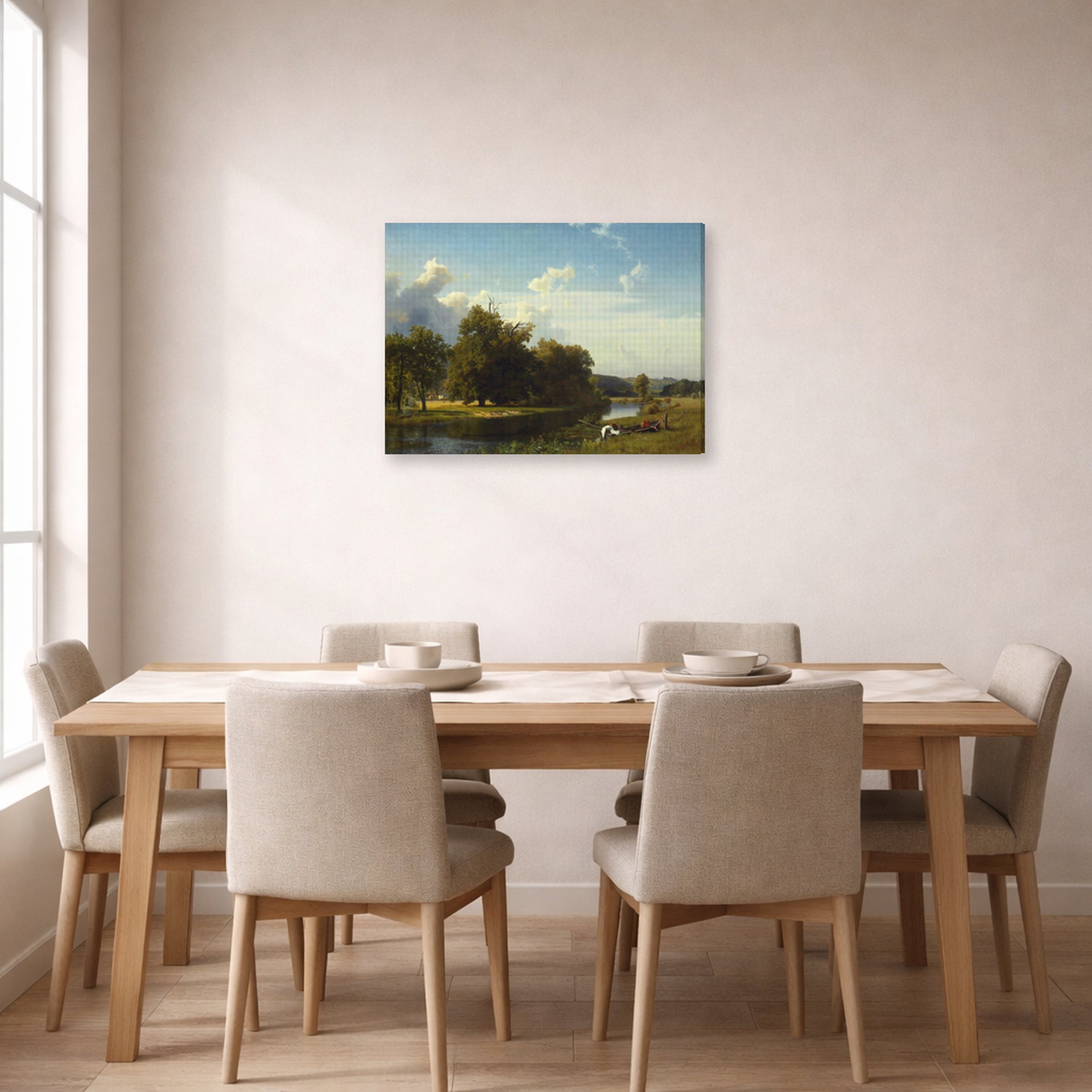 Gallery-wrapped canvas print of Albert Bierstadt's 'A River Landscape, Westphalia' displayed on a wall in a dining room
