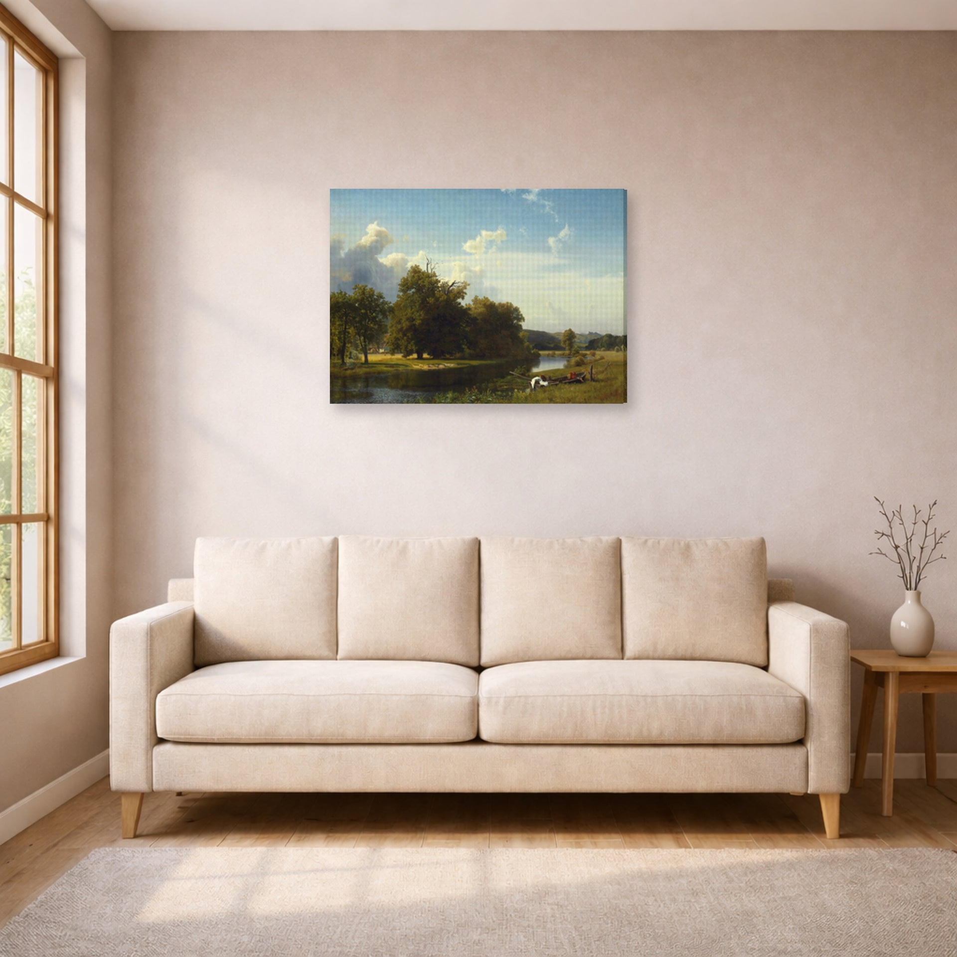 Gallery-wrapped canvas print of Albert Bierstadt's 'A River Landscape, Westphalia' displayed on a wall in a living room