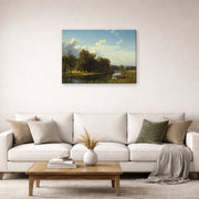 Gallery-wrapped canvas print of Albert Bierstadt's 'A River Landscape, Westphalia' displayed on a wall in a living room