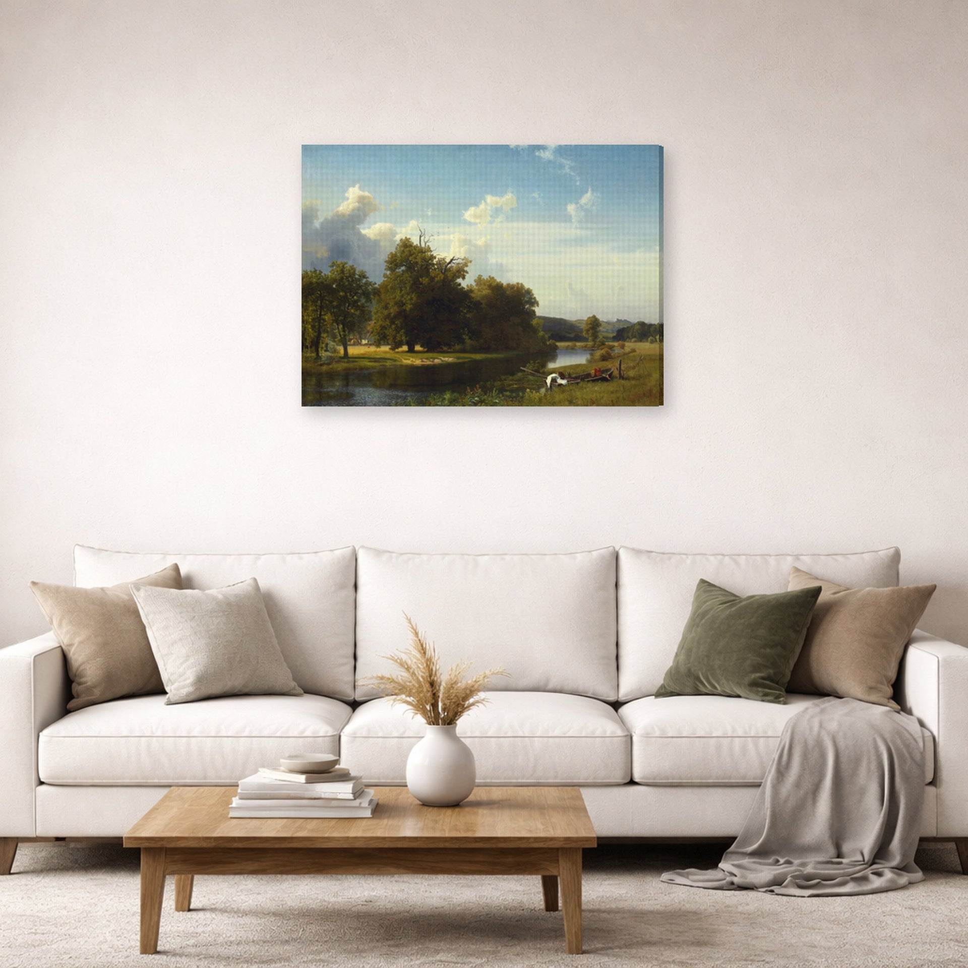 Gallery-wrapped canvas print of Albert Bierstadt's 'A River Landscape, Westphalia' displayed on a wall in a living room