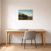 Gallery-wrapped canvas print of Albert Bierstadt's 'A River Landscape, Westphalia' displayed on a wall in a office