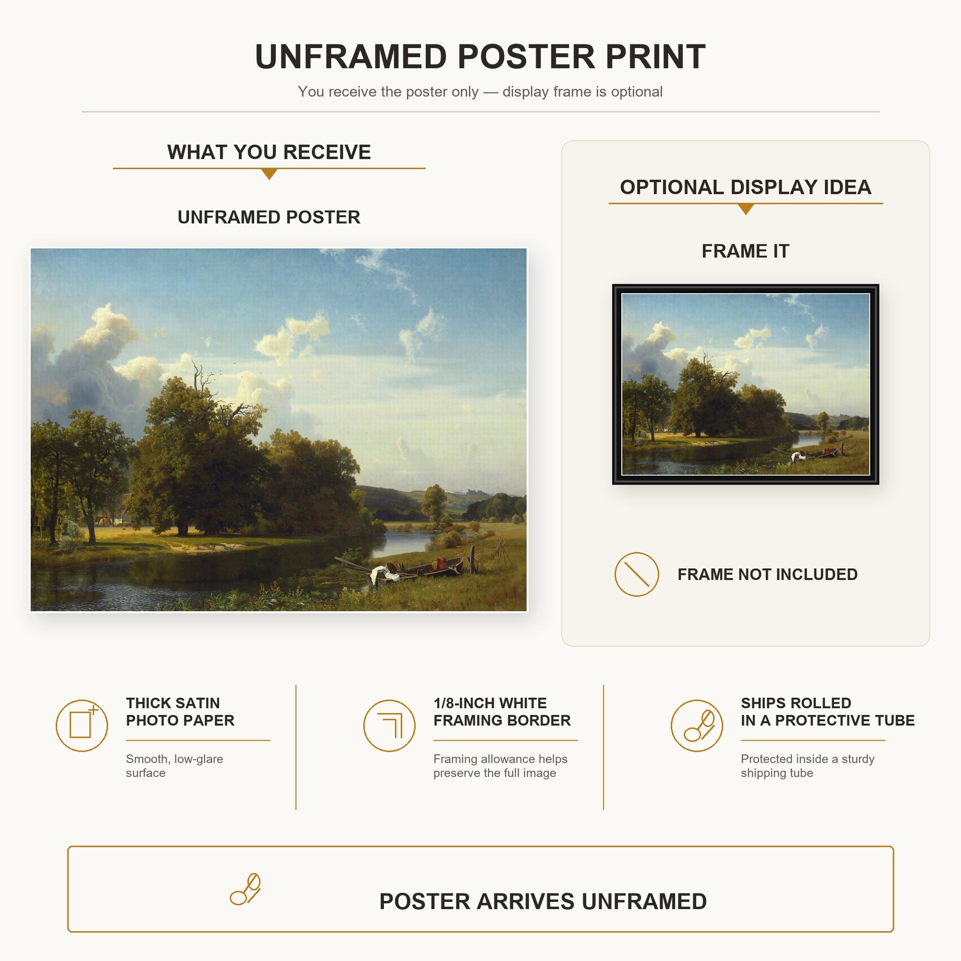 Albert Bierstadt - A River Landscape, Westphalia poster print size comparison and framing display infographic