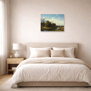 Unframed poster print of Albert Bierstadt's 'A River Landscape, Westphalia' displayed on a wall in a bedroom