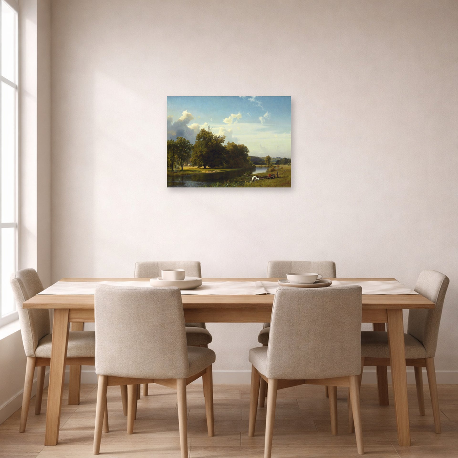Unframed poster print of Albert Bierstadt's 'A River Landscape, Westphalia' displayed on a wall in a dining room