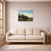 Unframed poster print of Albert Bierstadt's 'A River Landscape, Westphalia' displayed on a wall in a living room