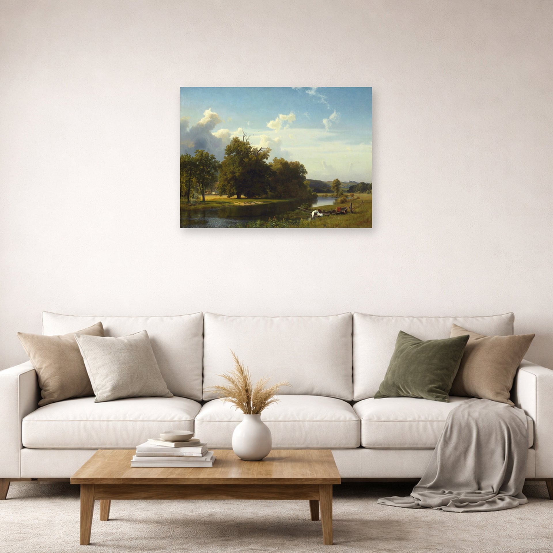 Unframed poster print of Albert Bierstadt's 'A River Landscape, Westphalia' displayed on a wall in a living room