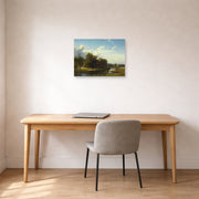 Unframed poster print of Albert Bierstadt's 'A River Landscape, Westphalia' displayed on a wall in a office