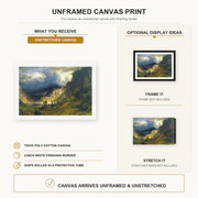 Albert Bierstadt - A Storm in the Rocky Mountains, Mt. Rosalie canvas print size comparison and framing display infographic