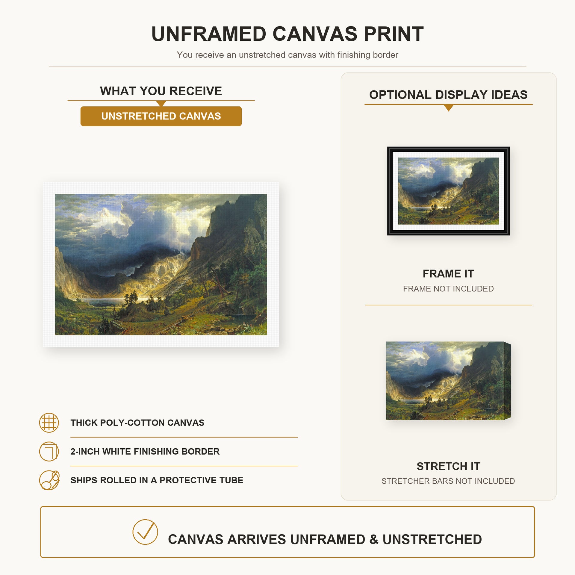 Albert Bierstadt - A Storm in the Rocky Mountains, Mt. Rosalie canvas print size comparison and framing display infographic