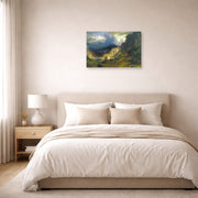 Gallery-wrapped canvas print of Albert Bierstadt's 'A Storm in the Rocky Mountains, Mt. Rosalie' displayed on a wall in a bedroom